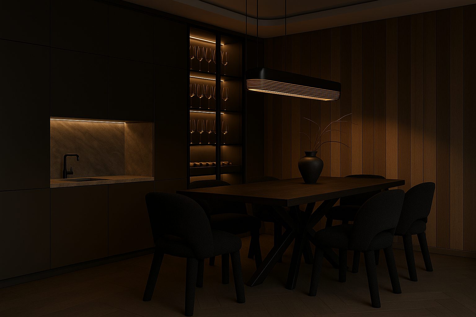 Minimalistyczna kuchnia Dark Glow z półkami i aneksem